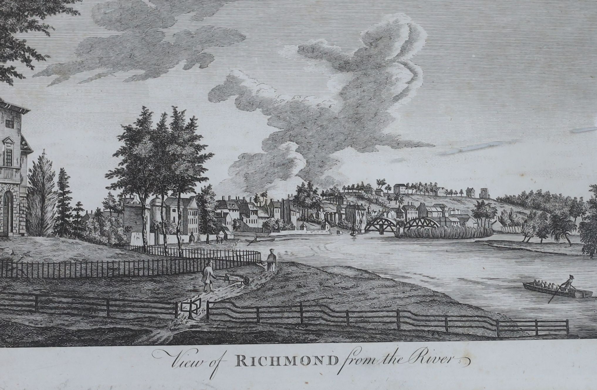 18th century English School, five engravings, Views of Hampton Court, Richmond, Isleworth and Twickenham from the river, and an additional view from Richmond Hill, largest 18 x 27cm